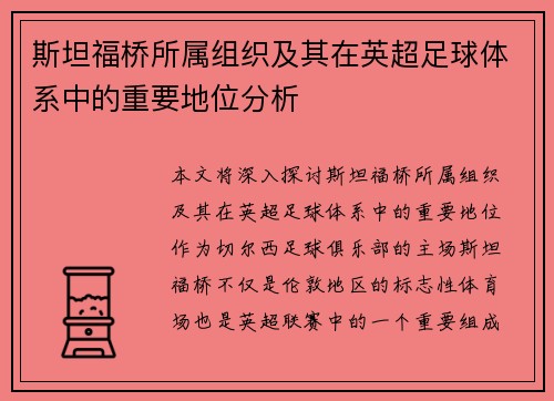 斯坦福桥所属组织及其在英超足球体系中的重要地位分析