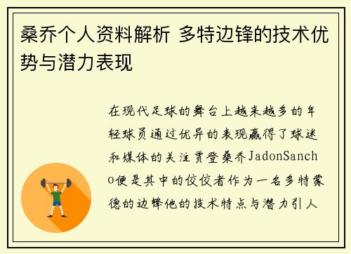 桑乔个人资料解析 多特边锋的技术优势与潜力表现